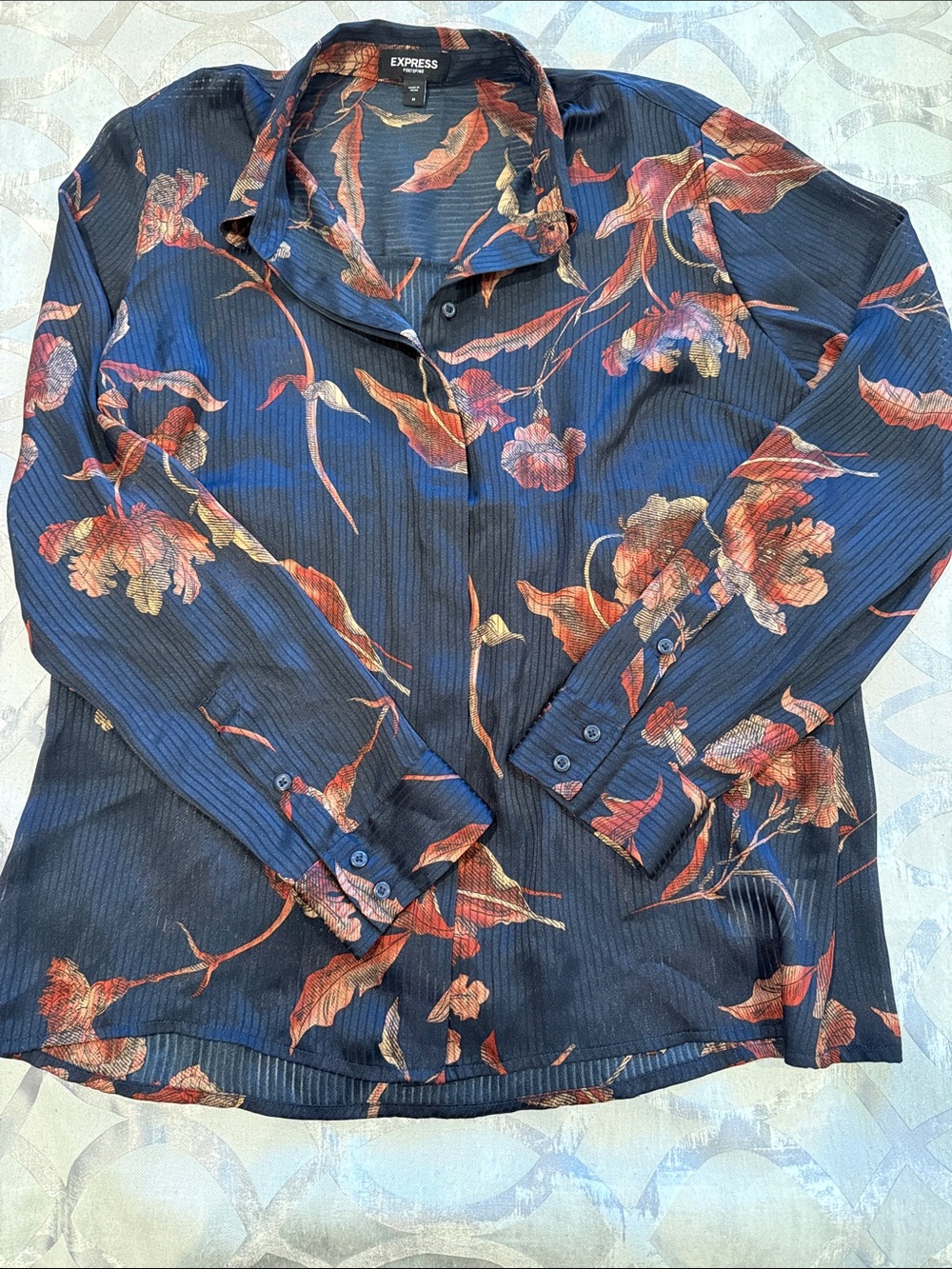 Express Navy Floral Long-Sleeve Button-Down Shirt